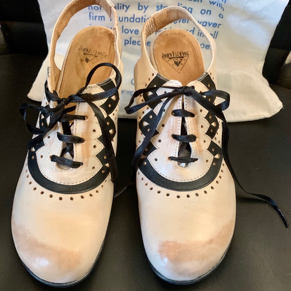 John Fluevog Black Cream Sling Back Shoes